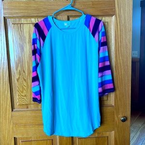 LulaRoe Randy turquoise with stripe sleeve top.